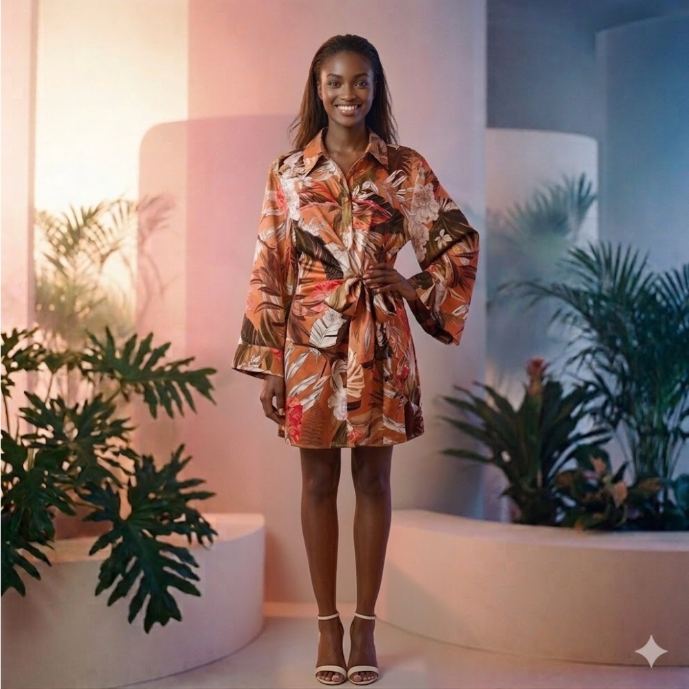 Fashion Nova Brown Floral nwot Satin Tie-Waist shirt dress